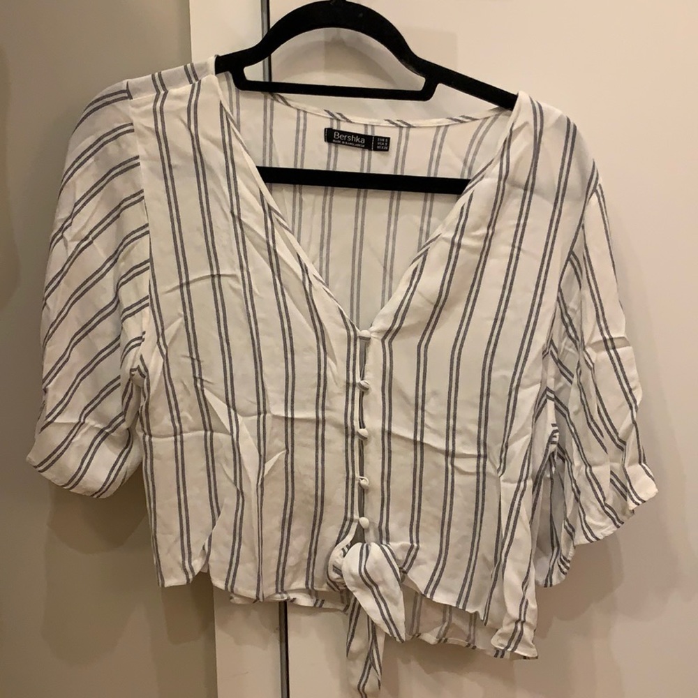 Striped button down v-neck blouse with tie
